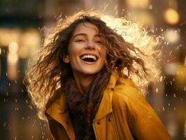 despreocupado mulher alegremente danças dentro a refrescante chuva ai generativo foto