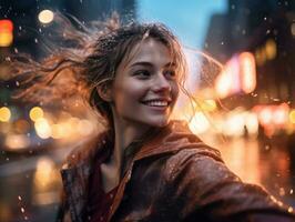 despreocupado mulher alegremente danças dentro a refrescante chuva ai generativo foto