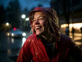 despreocupado mulher alegremente danças dentro a refrescante chuva ai generativo foto