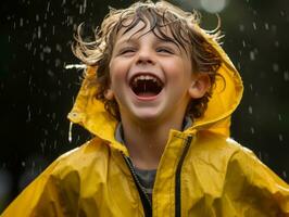 despreocupado criança alegremente danças dentro a refrescante chuva ai generativo foto