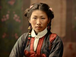 a velho colori fotografia do uma ásia mulher a partir de a cedo 1900 ai generativo foto