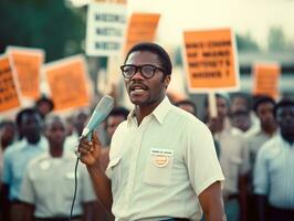 histórico colori foto do uma homem conduzindo uma protesto ai generativo