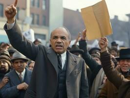 histórico colori foto do uma homem conduzindo uma protesto ai generativo