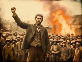 histórico colori foto do uma homem conduzindo uma protesto ai generativo