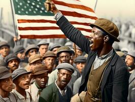 histórico colori foto do uma homem conduzindo uma protesto ai generativo