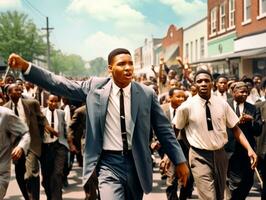 histórico colori foto do uma homem conduzindo uma protesto ai generativo