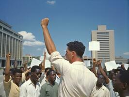 histórico colori foto do uma homem conduzindo uma protesto ai generativo