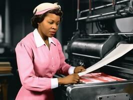 histórico colori foto do uma mulher diariamente trabalhos dentro a passado ai generativo