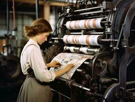 histórico colori foto do uma mulher diariamente trabalhos dentro a passado ai generativo