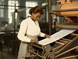 histórico colori foto do uma mulher diariamente trabalhos dentro a passado ai generativo