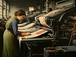 histórico colori foto do uma mulher diariamente trabalhos dentro a passado ai generativo