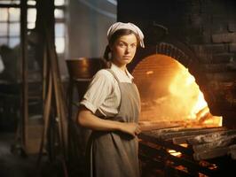 histórico colori foto do uma mulher diariamente trabalhos dentro a passado ai generativo