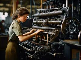 histórico colori foto do uma mulher diariamente trabalhos dentro a passado ai generativo