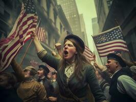 histórico colori foto do uma mulher conduzindo uma protesto ai generativo