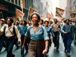 histórico colori foto do uma mulher conduzindo uma protesto ai generativo