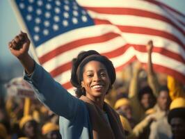 histórico colori foto do uma mulher conduzindo uma protesto ai generativo