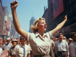 histórico colori foto do uma mulher conduzindo uma protesto ai generativo