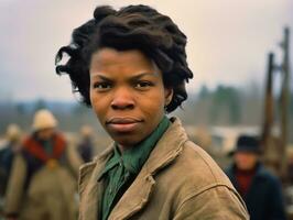 histórico colori foto do uma mulher conduzindo uma protesto ai generativo