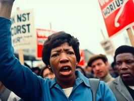 histórico colori foto do uma mulher conduzindo uma protesto ai generativo