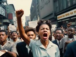 histórico colori foto do uma mulher conduzindo uma protesto ai generativo