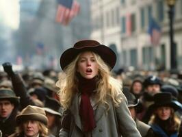 histórico colori foto do uma mulher conduzindo uma protesto ai generativo