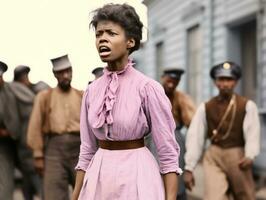 histórico colori foto do uma mulher conduzindo uma protesto ai generativo