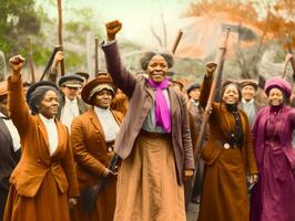 histórico colori foto do uma mulher conduzindo uma protesto ai generativo