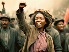 histórico colori foto do uma mulher conduzindo uma protesto ai generativo