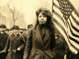 histórico colori foto do uma mulher conduzindo uma protesto ai generativo