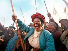 histórico colori foto do uma mulher conduzindo uma protesto ai generativo