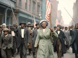 histórico colori foto do uma mulher conduzindo uma protesto ai generativo