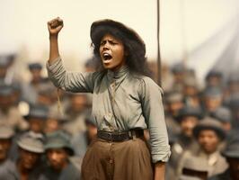 histórico colori foto do uma mulher conduzindo uma protesto ai generativo