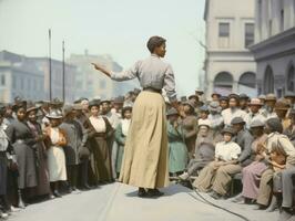 histórico colori foto do uma mulher conduzindo uma protesto ai generativo