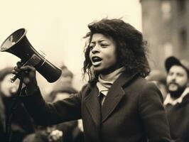 histórico colori foto do uma mulher conduzindo uma protesto ai generativo