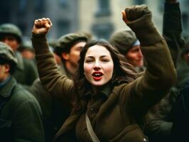 histórico colori foto do uma mulher conduzindo uma protesto ai generativo