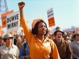 histórico colori foto do uma mulher conduzindo uma protesto ai generativo