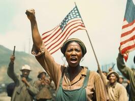 histórico colori foto do uma mulher conduzindo uma protesto ai generativo