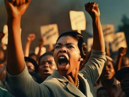 histórico colori foto do uma mulher conduzindo uma protesto ai generativo