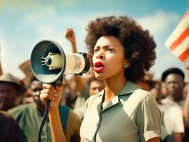 histórico colori foto do uma mulher conduzindo uma protesto ai generativo