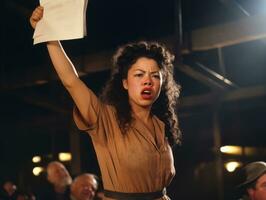 histórico colori foto do uma mulher conduzindo uma protesto ai generativo