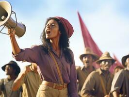 histórico colori foto do uma mulher conduzindo uma protesto ai generativo