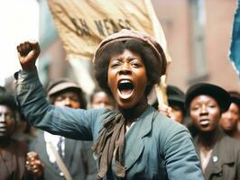 histórico colori foto do uma mulher conduzindo uma protesto ai generativo