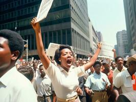 histórico colori foto do uma mulher conduzindo uma protesto ai generativo