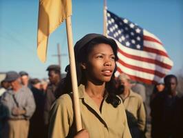 histórico colori foto do uma mulher conduzindo uma protesto ai generativo