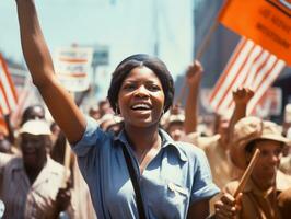 histórico colori foto do uma mulher conduzindo uma protesto ai generativo