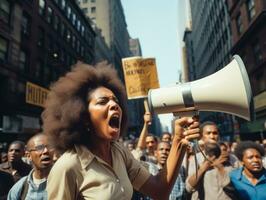 histórico colori foto do uma mulher conduzindo uma protesto ai generativo