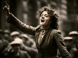 histórico colori foto do uma mulher conduzindo uma protesto ai generativo