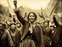 histórico colori foto do uma mulher conduzindo uma protesto ai generativo