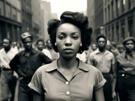 histórico colori foto do uma mulher conduzindo uma protesto ai generativo