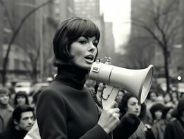 histórico colori foto do uma mulher conduzindo uma protesto ai generativo